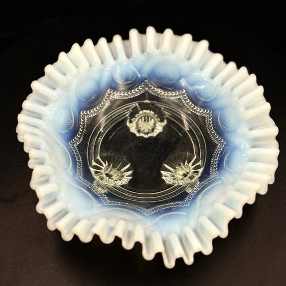 Vintage Fenton Milk Glass Bowl With Blue Ripple & Hobnail Detailing - Picture 2 of 4